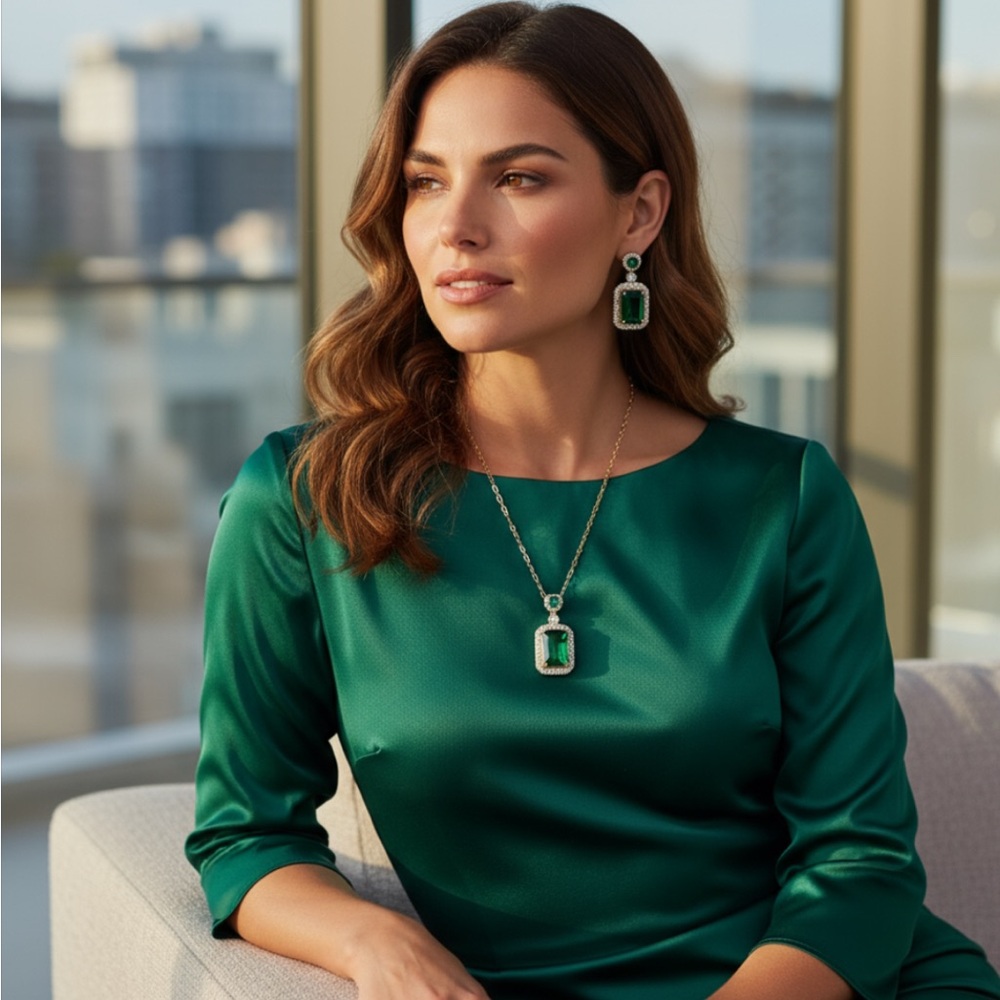 Faux Emerald Necklace Pendant & Earring Set